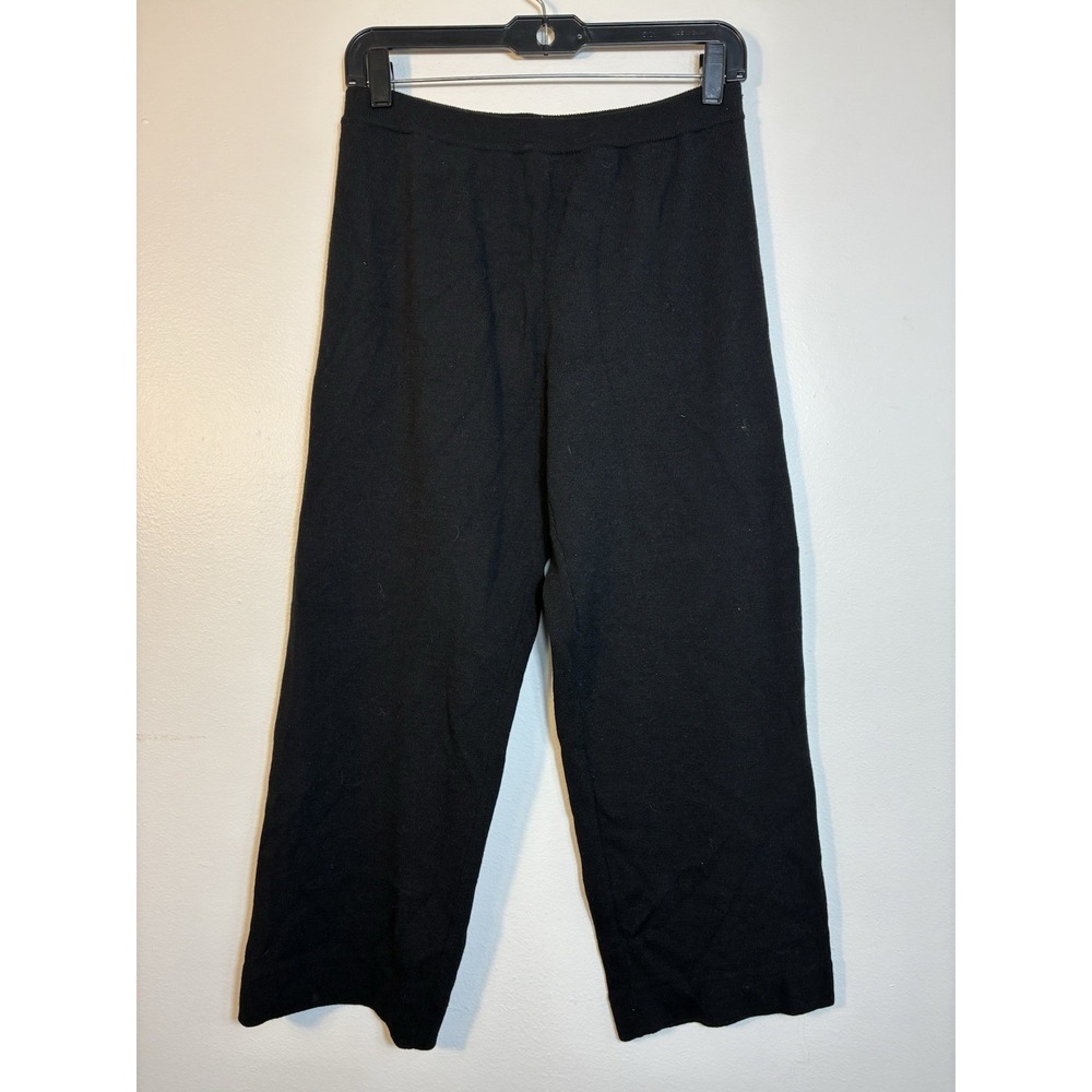 Eileen Fisher 100% Wool Wide Leg Pull On Pants Sz MP Black Knit Minimalist
